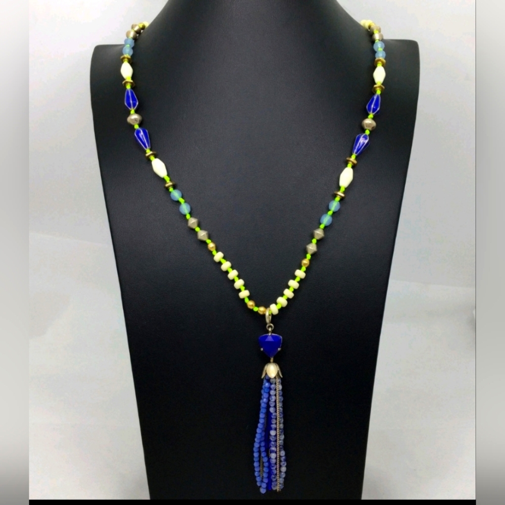 Stella & Dot Azure Beaded Tassel Necklace 34"